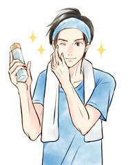 化粧水で肌の手入れをする男性