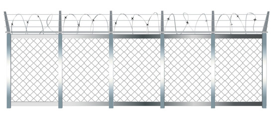 Barbed wire fence.Steel fencing.Metal fence front view - obrazy, fototapety, plakaty