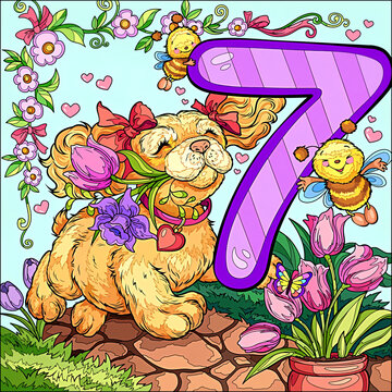 illustration of a puppy with flowers and the number seven