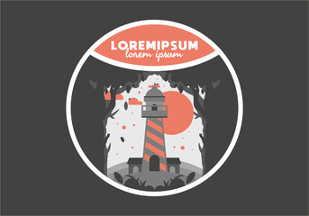 Colorful flat illustration of lighthouse in the forest