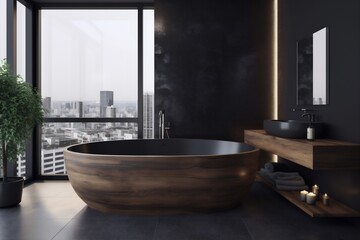 Naklejka na ściany i meble luxury furniture black bathtub white modern interior home design bathroom wood. Generative AI.