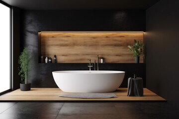 Naklejka na ściany i meble bathroom home design luxury furniture designer bathtub modern wood black interior. Generative AI.