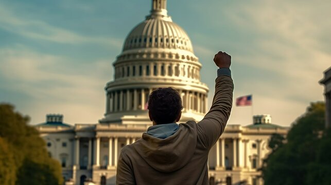 Man From Behind Raised Clenched Fist Against The US Capital Building In Washington, Power, Justice, Freedom, Demonstration, Protest Concept. Generated By Generative Ai