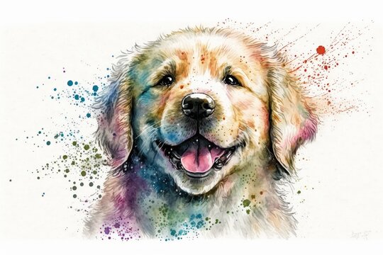 Creative watercolor splash style drawing of happy dog puppy. distinct generative AI image.