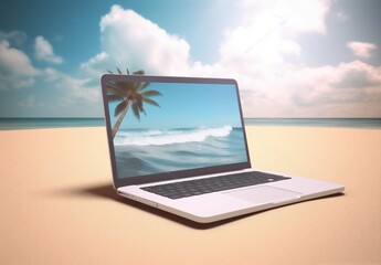 concept palm vacation tropical computer travel summer laptop tree beach. Generative AI.
