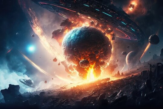 Space war human and alien in outer space for star colony. distinct generative AI image.