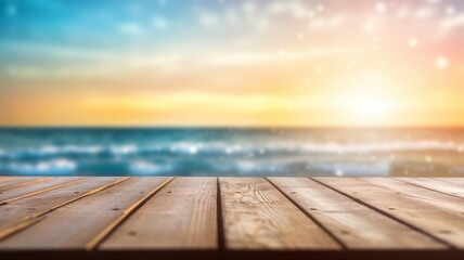 Fototapeta na wymiar wood table with blur bokeh light sea and sky at beach Summer the hottest season Generative AI
