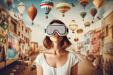woman reality virtual glasses abstract planet digital travel vr future technology. Generative AI.