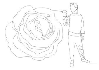 One continuous line of Man pointing with finger at rose. Thin Line Illustration vector concept. Contour Drawing Creative ideas.