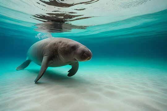 A curious manatee swimming up to a boat - Generative AI Technology