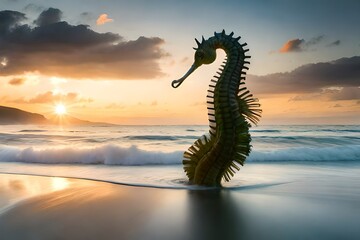 Fototapeta na wymiar A graceful sea horse clinging to a piece of seaweed