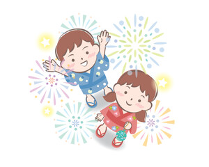 花火を見上げる浴衣姿の子供たち