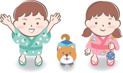 見上げる浴衣姿の子供たちと柴犬