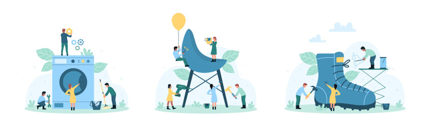 Laundry service, furniture and shoes making set vector illustration. Cartoon tiny people assembly wood chair with diy tools, wash clothes with detergent in washing machine, repair huge footwear