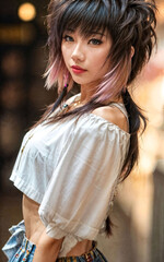 Fototapeta premium naughty young Thai asian woman with trending fashion style cloth , generative AI