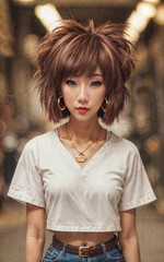 Fototapeta premium naughty young Thai asian woman with trending fashion style cloth , generative AI