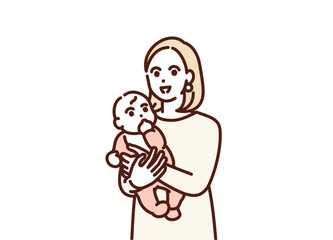 乳児を抱く優しそうなママ。赤ちゃんとお母さんのイラスト素材。