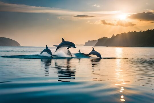 A playful pod of dolphins jumping out of the water