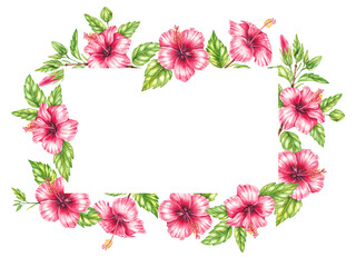 Watercolor square hibiscus flowers frame isolated on white