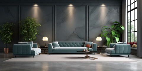 Mockup gray interior with luxurious upholstered furniture and decorative green plants. AI generation 