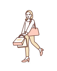 休日にショッピングを楽しむ女の子。ペーパーバックを持つ女性のイラスト素材。