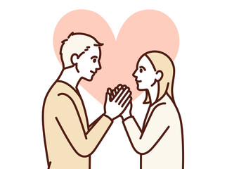 ラブラブカップル。手を握り愛し合う男女のイラスト素材。