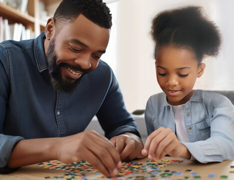 Closeup of black father with young daughter working together to assemble a jigsaw puzzle.  Illustration created with Generative AI technology. 