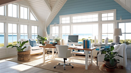 Fototapeta na wymiar Generative AI, Coastal Breeze: Creating an Airy Home Office with a Seaside Flair