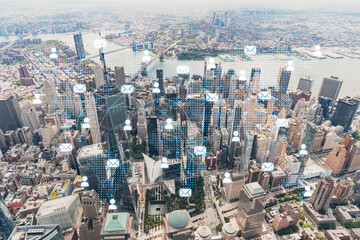 Aerial panoramic helicopter city view, Lower Manhattan, Downtown, New York, USA. World Trade Center, bridges. Social media hologram. Concept of networking and establishing new people connections