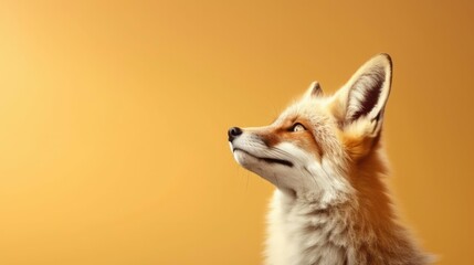 Fototapeta premium Head of furry fox looking lateral with copy space for advertisement. Space background for banner text. Generative AI