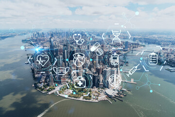 Aerial panoramic helicopter city view on Lower Manhattan district and financial Downtown, New York, USA. Health care digital medicine hologram. The concept of treatment and disease prevention