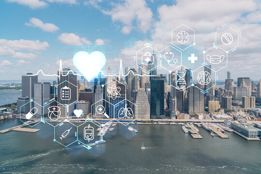 Aerial panoramic helicopter city view on Lower Manhattan district and financial Downtown, New York, USA. Health care digital medicine hologram. The concept of treatment and disease prevention