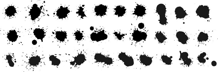 Set different black splash, collection brush strokes.Ink drops and splashes. Blotter spots, liquid paint drip drop splash and ink splatter. Artistic dirty grunge abstract spot. Vector illustration