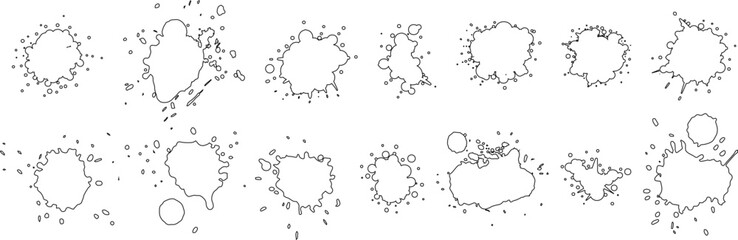 Set different black splash, collection brush strokes.Ink drops and splashes. Blotter spots, liquid paint drip drop splash and ink splatter. Artistic dirty grunge abstract spot. Vector illustration