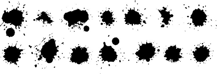 Set different black splash, collection brush strokes.Ink drops and splashes. Blotter spots, liquid paint drip drop splash and ink splatter. Artistic dirty grunge abstract spot. Vector illustration
