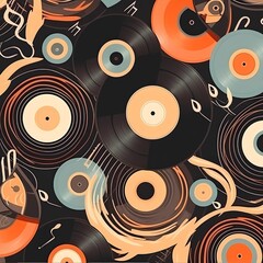 Music pattern with vinyl records and musical notes