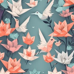 Origami pattern with paper cranes and lotus flowers