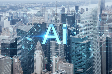 Aerial panoramic city view of Time Square area, Manhattan West Side and the Hudson River, New York city, USA. Artificial Intelligence concept, hologram. AI, machine learning, neural network, robotics