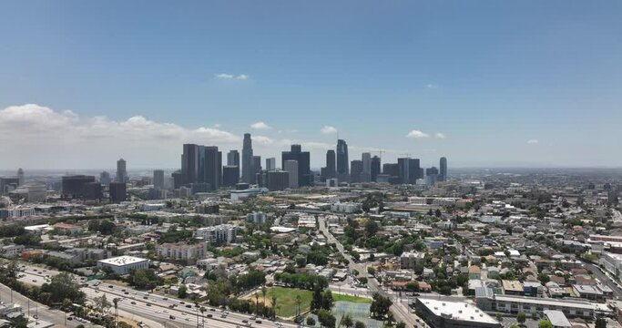 Los Angeles downtown arial fly drone, skyscrapers cityscape. Los Angeles, USA, June 1, 2022.