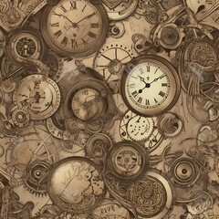 Fototapeta na wymiar Steampunk pattern with vintage timepieces and machinery