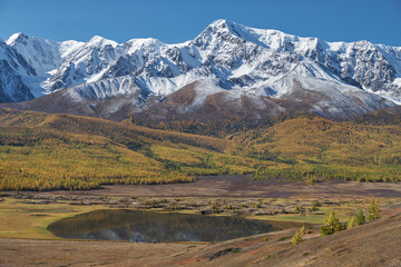 Altai lake Dzhangyskol on mountain plateau Eshtykel. Altai, Siberia, Russia