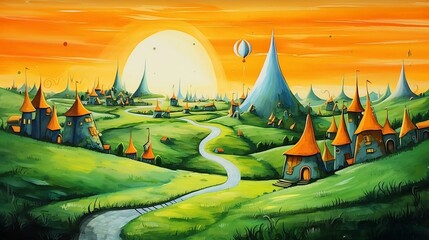 a sunny landscape of fantasy villages with triangular houses 