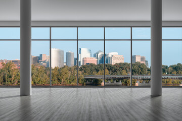 Fototapeta na wymiar Empty room Interior Skyscrapers View. Cityscape Downtown, Arlington City Skyline Buildings from Washington. Window background. Beautiful Real Estate. Day time. 3d rendering.