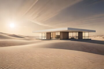 A contemporary desert house with a sand-colored facade and a flat roof