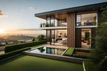 A contemporary home with a unique façade, lots of greenery, and swimming pool - Generative AI Technology
