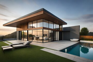 Fototapeta na wymiar A contemporary home with a glass facade and a stunning view