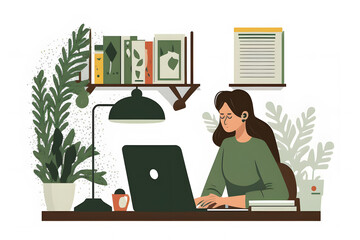 A business woman working at a desk with plants and books and laptop macbook, illustration
