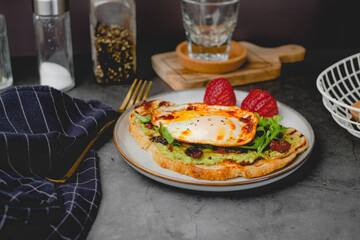 healthy breakfast with egg and avocado. vegan food and healthy eating concept.