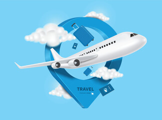 Naklejka na ściany i meble airplane, cloud, blue passport, luggage or baggage appeared and displayed in front of large pin location for travel design