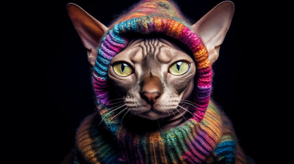 Portrait of a sphinx cat dressed in woolen clothes of various colors. .Generative AI